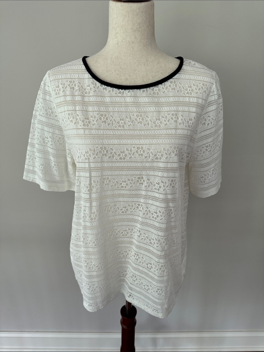 LOFT White Lace Short Sleeve Top with Black Trim